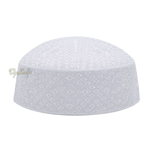 Pakistani Muslim Kufi Hats White Intricate Embroidery Diamond Motif Rigid Round Islamic Prayer Cap Topi Tupi Head Cover