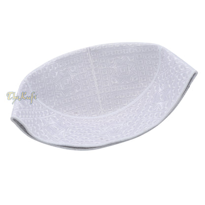 Pakistani Muslim Kufi Hats White Intricate Embroidery Diamond Motif Rigid Round Islamic Prayer Cap Topi Tupi Head Cover