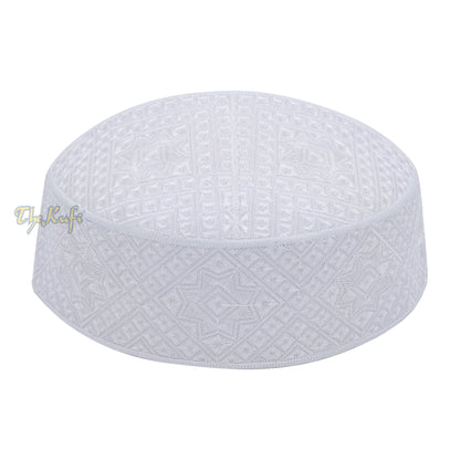 Pakistani Muslim Kufi Hats White Intricate Embroidery Diamond Motif Rigid Round Islamic Prayer Cap Topi Tupi Head Cover