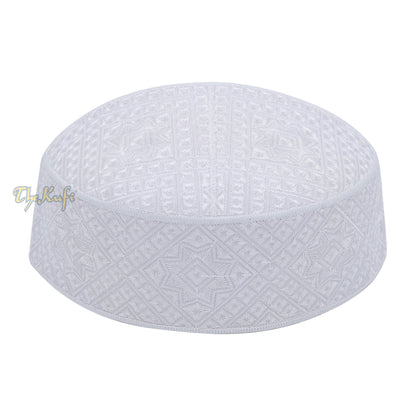 Pakistani Muslim Kufi Hats White Intricate Embroidery Diamond Motif Rigid Round Islamic Prayer Cap Topi Tupi Head Cover