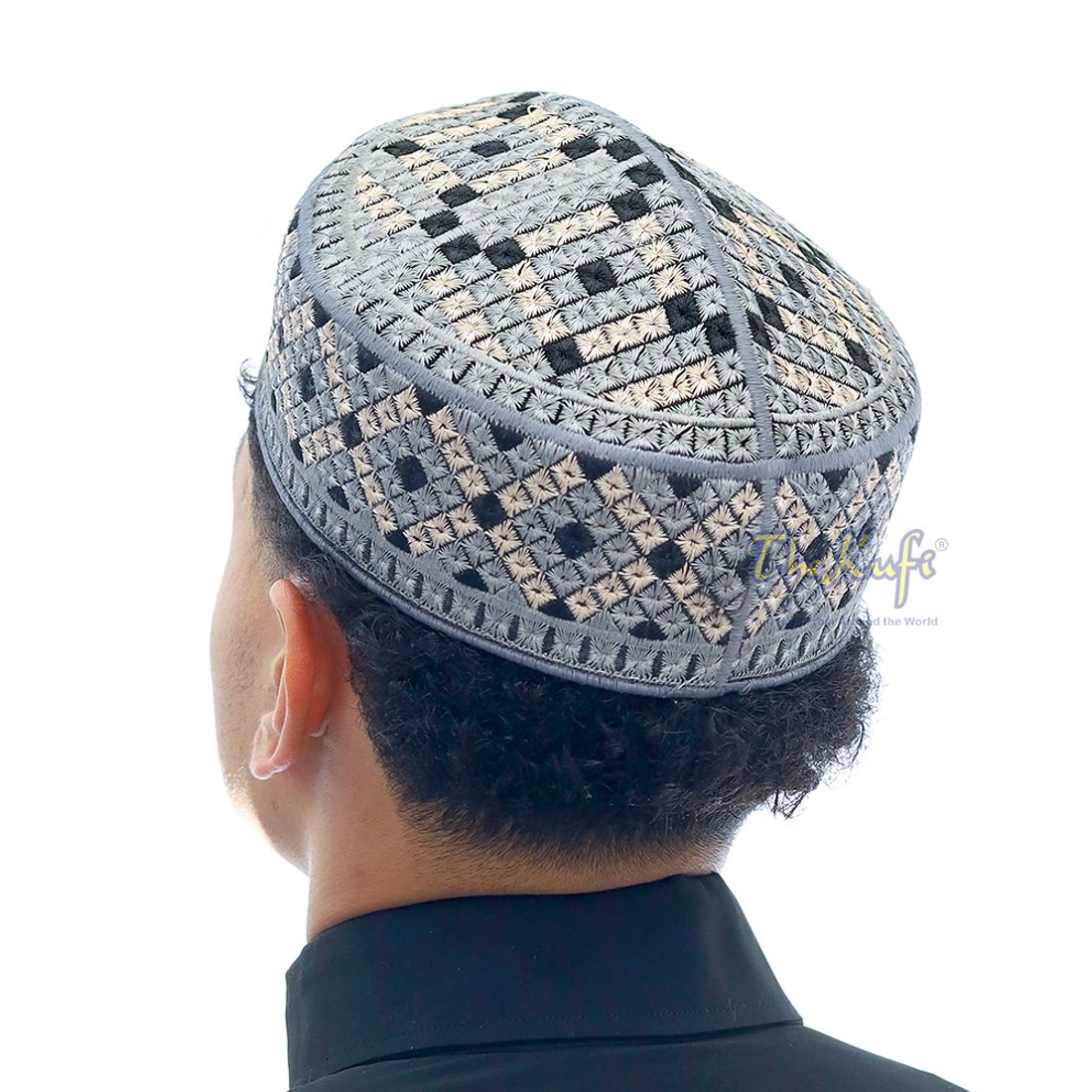 Pakistani Muslim Kufi Hat Gray Light Brown Black Embroidery Diamond Motif Rigid Round Islamic Prayer Cap Topi Tupi