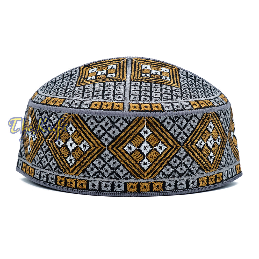 Dark Grey Rust Brown White Diamond Intricately Embroidered Design Pakistan Kufi