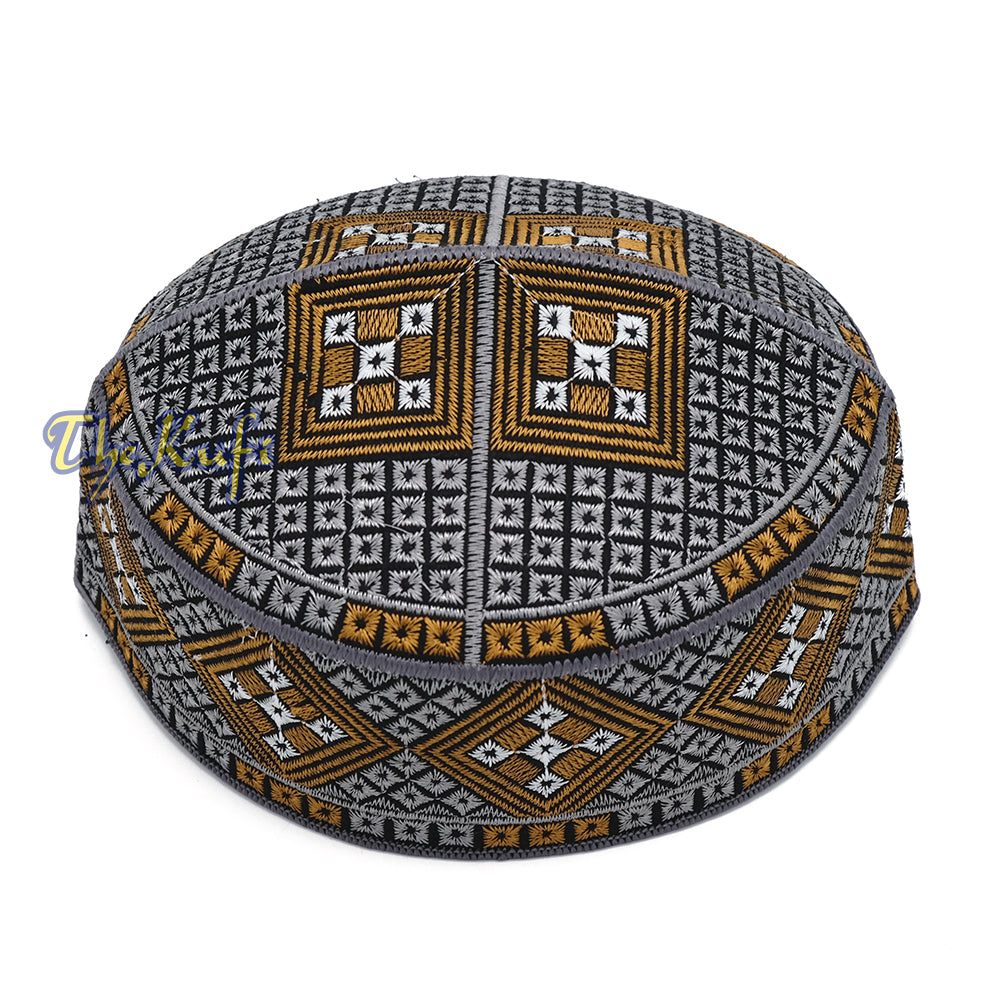 Dark Grey Rust Brown White Diamond Intricately Embroidered Design Pakistan Kufi