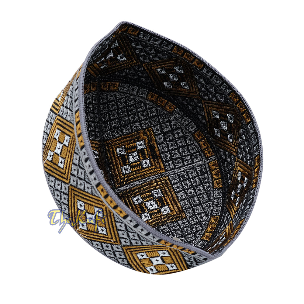 Dark Grey Rust Brown White Diamond Intricately Embroidered Design Pakistan Kufi