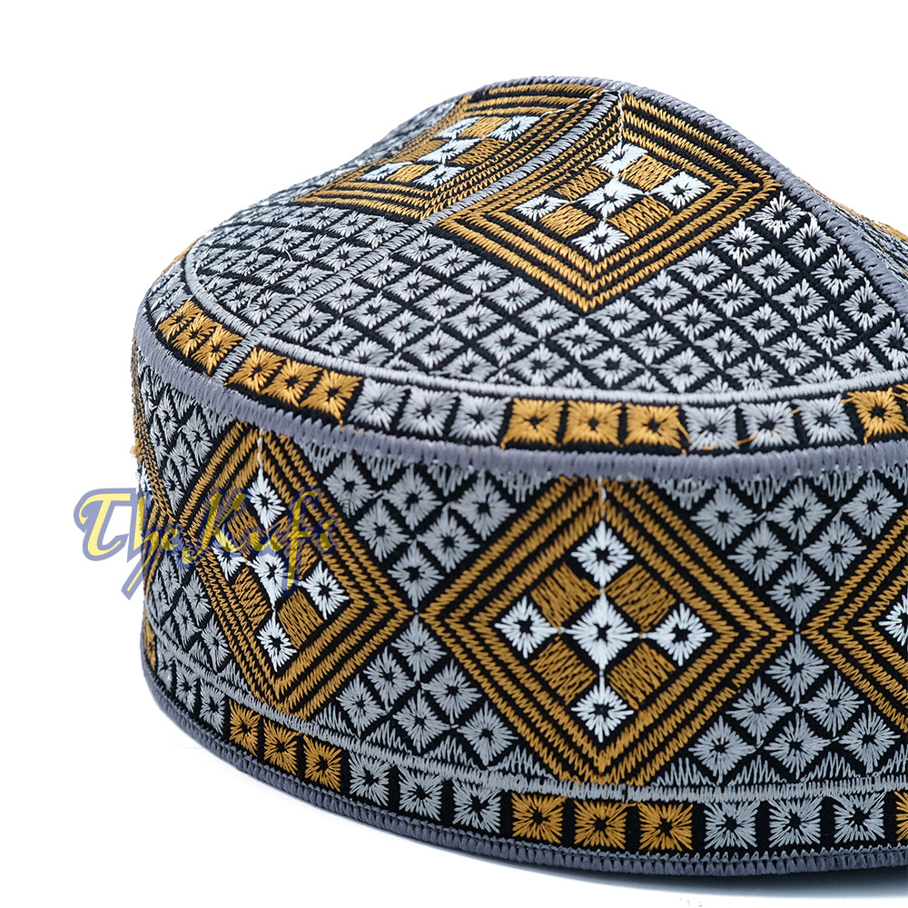 Dark Grey Rust Brown White Diamond Intricately Embroidered Design Pakistan Kufi