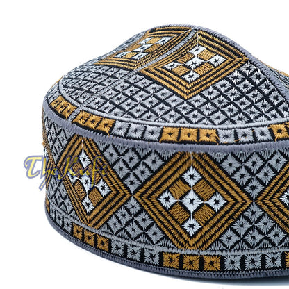 Dark Gray Rust Brown White Diamond Intricately Embroidered Design Pakistan Kufi