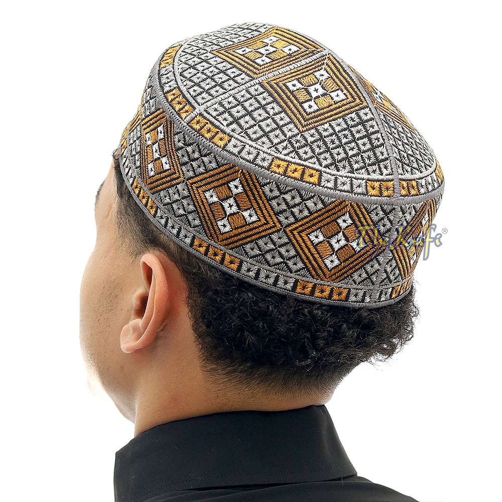 Dark Grey Rust Brown White Diamond Intricately Embroidered Design Pakistan Kufi