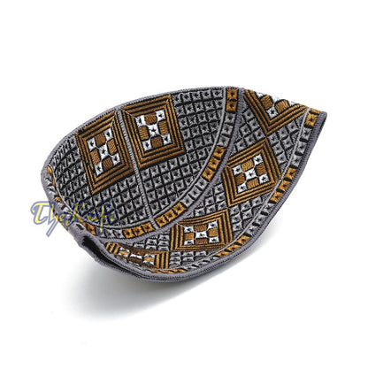 Dark Gray Rust Brown White Diamond Intricately Embroidered Design Pakistan Kufi