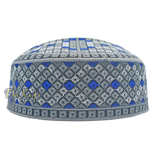 Topi Kufi Bulat Kaku Bordir Rumit, Perak, Biru Royal