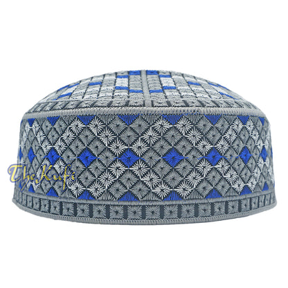 Grey, Silver, Royal Blue Intricately Embroidered Rigid Round Pakistani-Style Kufi Hat