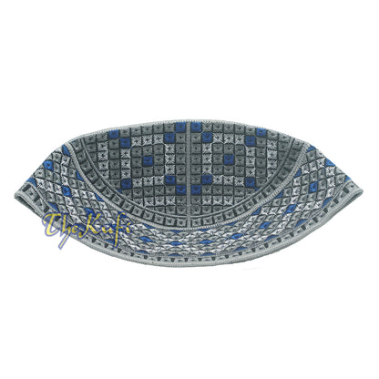 Grey, Silver, Royal Blue Intricately Embroidered Rigid Round Pakistani-Style Kufi Hat