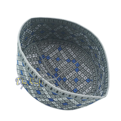 Grey, Silver, Royal Blue Intricately Embroidered Rigid Round Pakistani-Style Kufi Hat