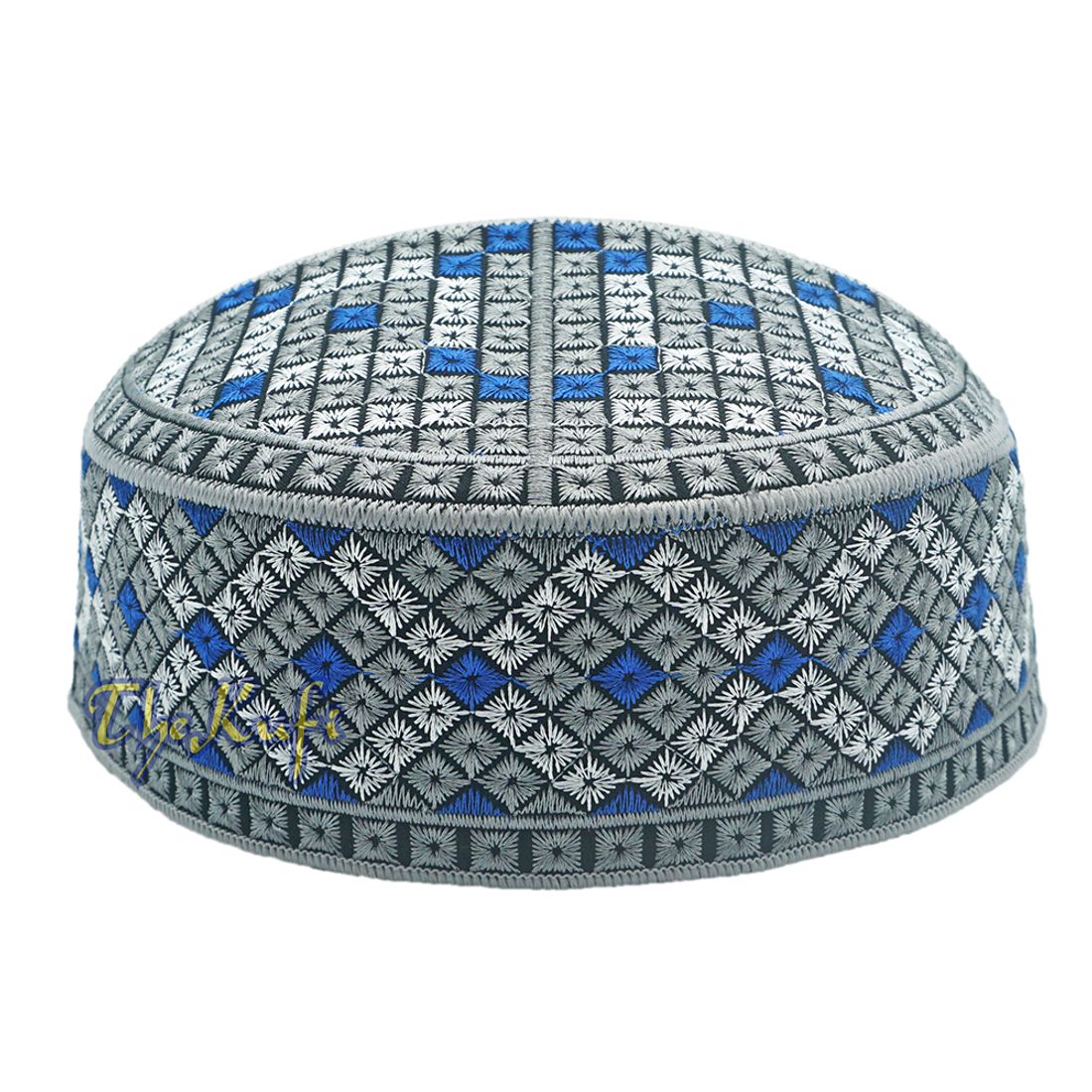 Grey, Silver, Royal Blue Intricately Embroidered Rigid Round Pakistani-style Kufi Hat