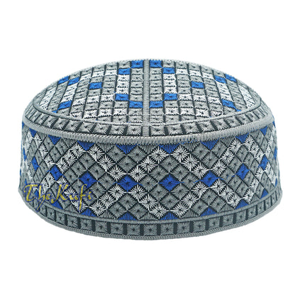 Grey, Silver, Royal Blue Intricately Embroidered Rigid Round Pakistani-Style Kufi Hat