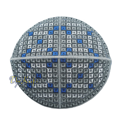 Grey, Silver, Royal Blue Intricately Embroidered Rigid Round Pakistani-Style Kufi Hat