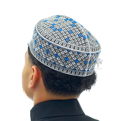 Grey, Silver, Royal Blue Intricately Embroidered Rigid Round Pakistani-Style Kufi Hat