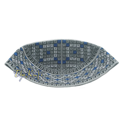 Gray, Silver, Royal Blue Intricately Embroidered Rigid Round Pakistani-Style Kufi Hat
