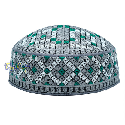 Pakistani Muslim Kufi Hats White Gray Green Embroidery Diamond Motif Rigid Round Islamic Prayer Cap Topi Tupi