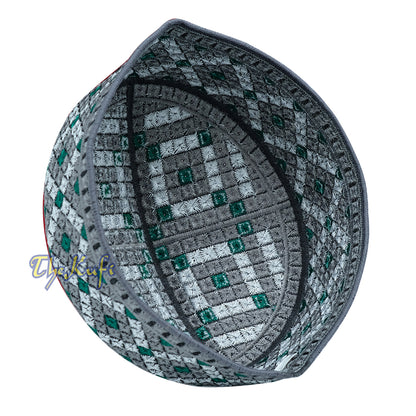 Pakistani Muslim Kufi Hats White Gray Green Embroidery Diamond Motif Rigid Round Islamic Prayer Cap Topi Tupi