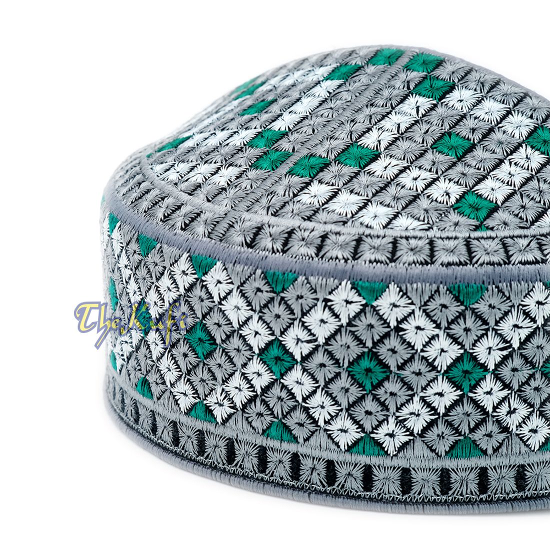 Pakistani Muslim Kufi Hats White Gray Green Embroidery Diamond Motif Rigid Round Islamic Prayer Cap Topi Tupi