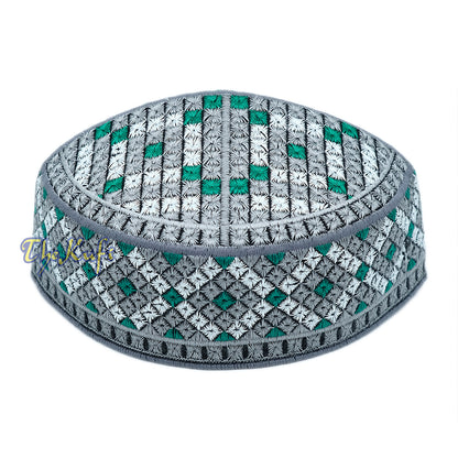 Pakistani Muslim Kufi Hats White Gray Green Embroidery Diamond Motif Rigid Round Islamic Prayer Cap Topi Tupi