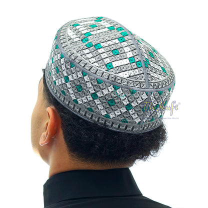 Pakistani Muslim Kufi Hats White Gray Green Embroidery Diamond Motif Rigid Round Islamic Prayer Cap Topi Tupi