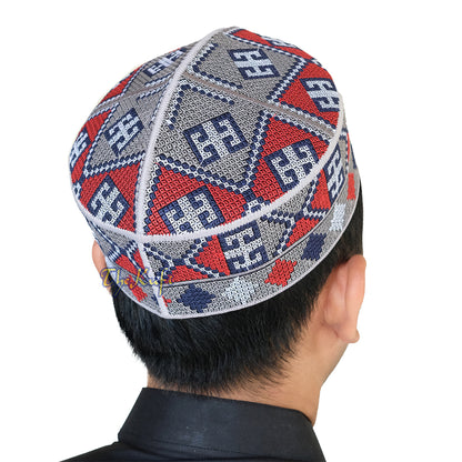 Embroidered Grey Ethnic Mosaic Silver Red Soft Lined Pakistani Style Topi Kufi