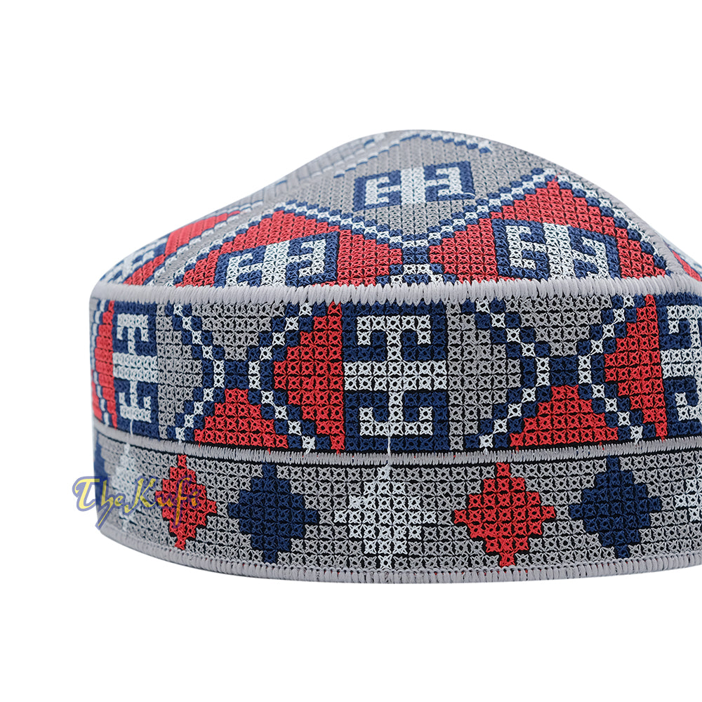 Embroidered Grey Ethnic Mosaic Silver Red Soft Lined Pakistani Style Topi Kufi