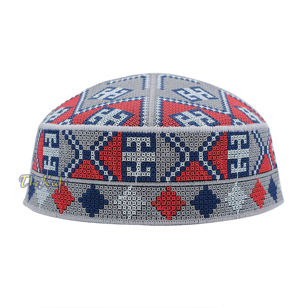 Embroidered Gray Ethnic Mosaic Silver Red Soft Lined Pakistani Style Topi Kufi