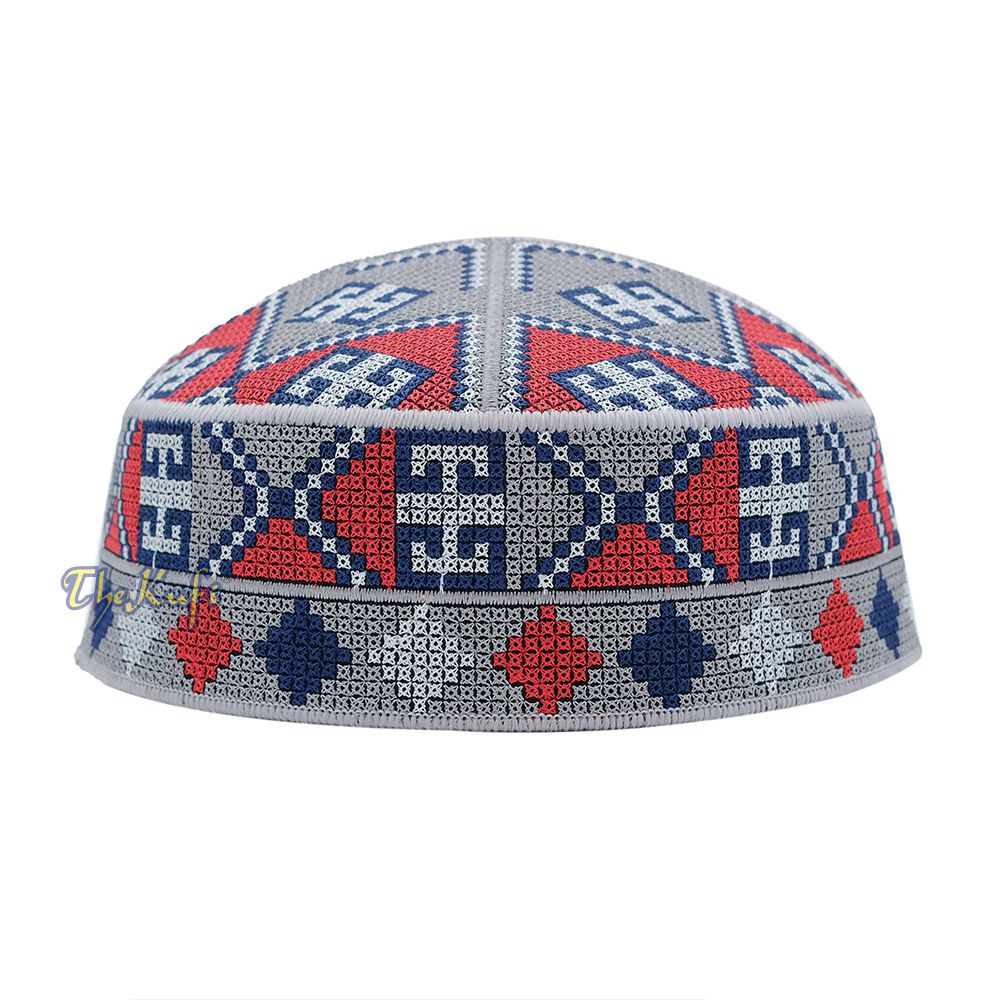 Embroidered Gray Ethnic Mosaic Silver Red Soft Lined Pakistani Style Topi Kufi