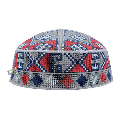 Embroidered Gray Ethnic Mosaic Silver Red Soft Lined Pakistani Style Topi Kufi