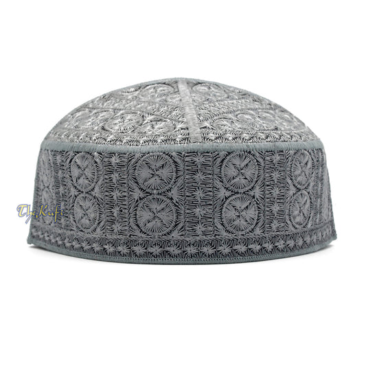 Grey Intricately Embroidered Rigid Round Pakistani-Style Kufi Hat