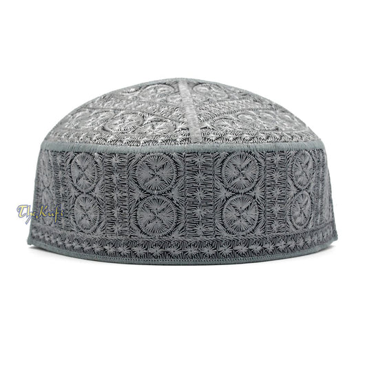Grey Intricately Embroidered Rigid Round Pakistani-style Kufi Hat