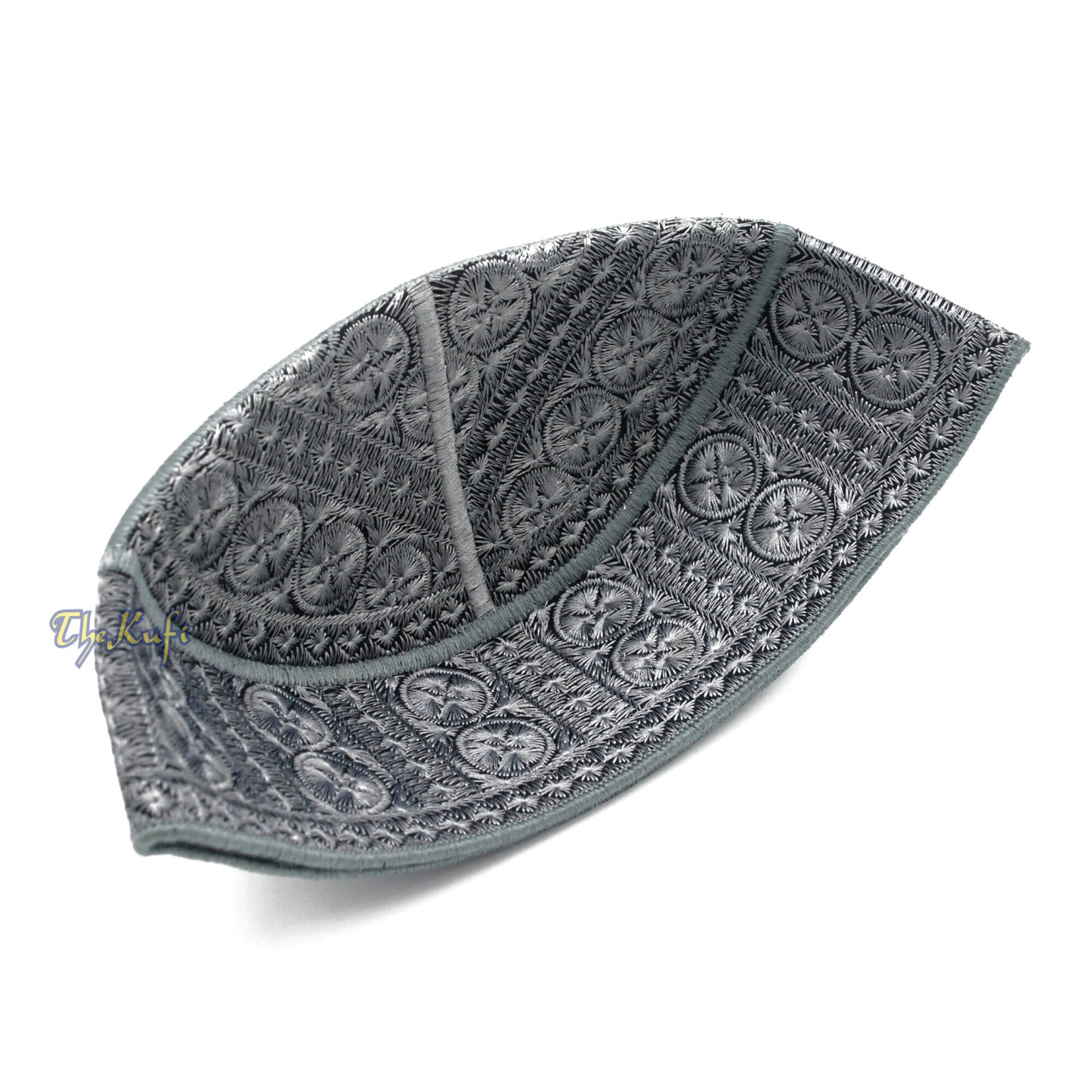 Grey Intricately Embroidered Rigid Round Pakistani-Style Kufi Hat