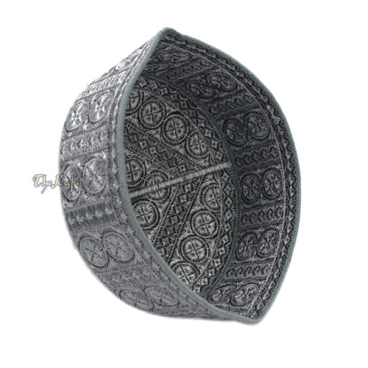 Grey Intricately Embroidered Rigid Round Pakistani-Style Kufi Hat