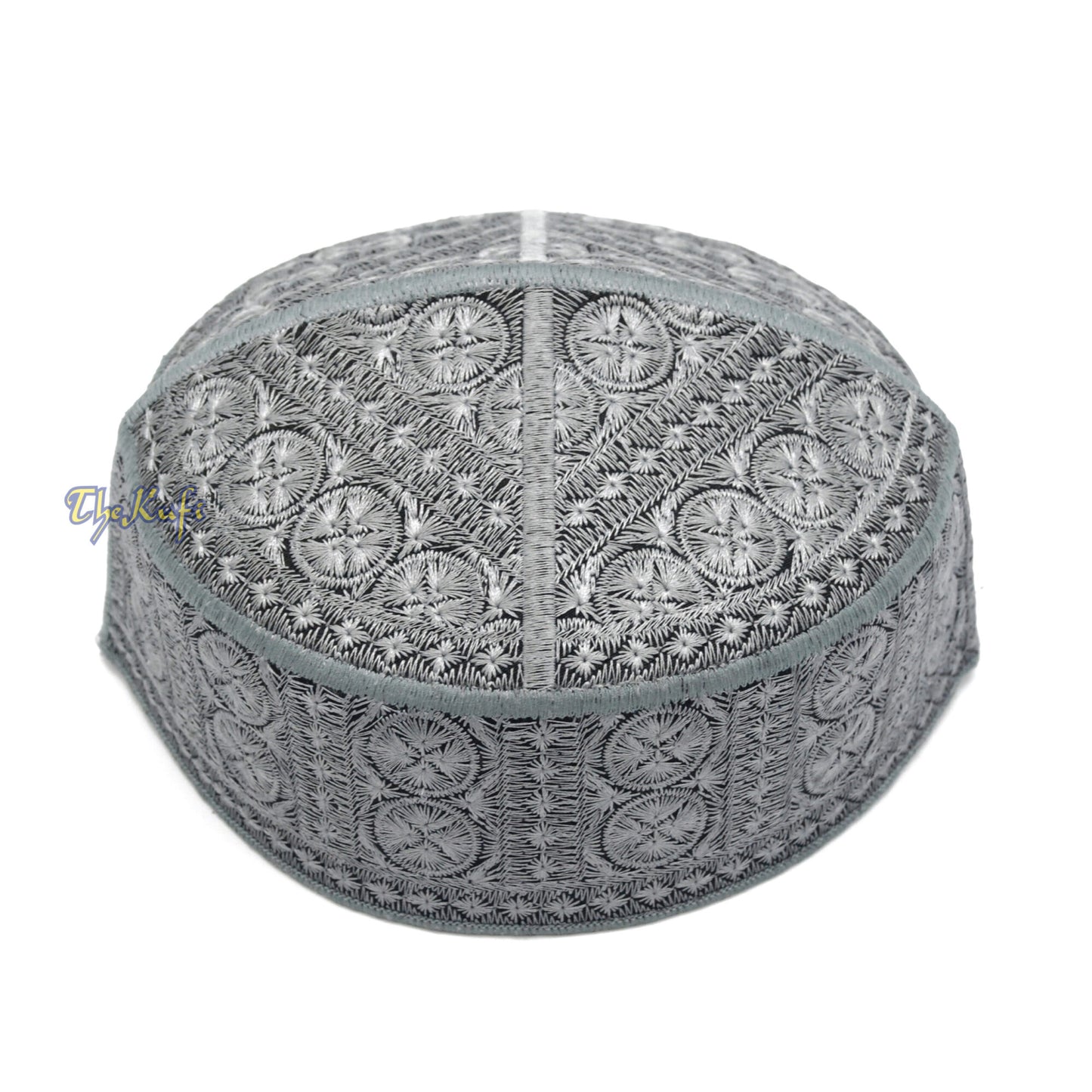 Grey Intricately Embroidered Rigid Round Pakistani-Style Kufi Hat