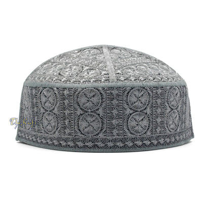 Gray Intricately Embroidered Rigid Round Pakistani-Style Kufi Hat