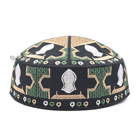 Green Sandal Motif Embroidery Pakistani Topi Kufi Hat