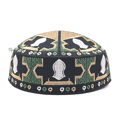 Green Sandal Motif Embroidery Pakistani Topi Kufi Hat