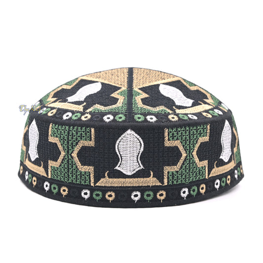 Green Sandal Motif Embroidery Pakistani Topi Kufi Hat