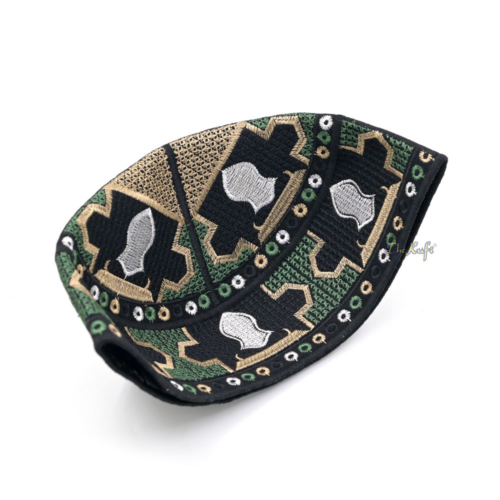Green Sandal Motif Embroidery Pakistani Topi Kufi Hat