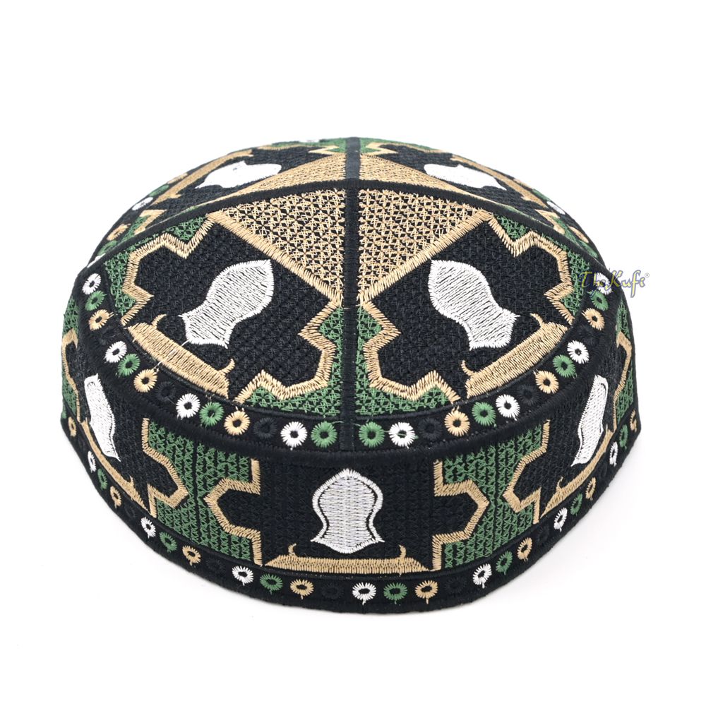 Green Sandal Motif Embroidery Pakistani Topi Kufi Hat