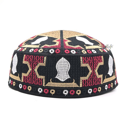 Red Sandal Motif Embroidery Pakistani Topi Kufi Hat