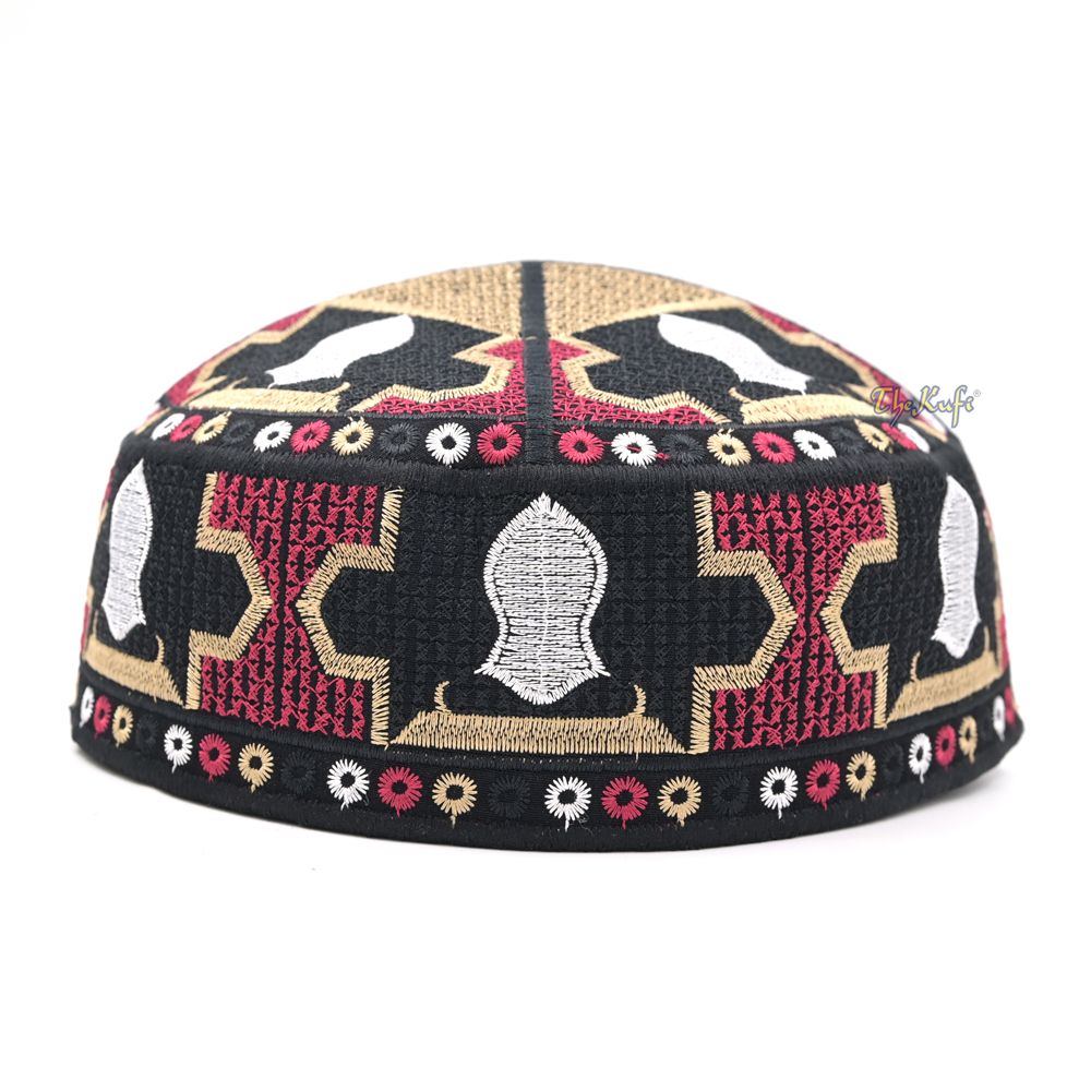 Red Sandal Motif Embroidery Pakistani Topi Kufi Hat