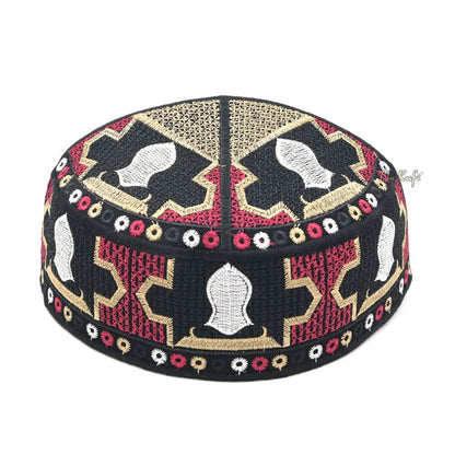 Red Sandal Motif Embroidery Pakistani Topi Kufi Hat