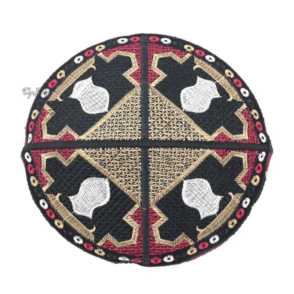 Red Sandal Motif Embroidery Pakistani Topi Kufi Hat