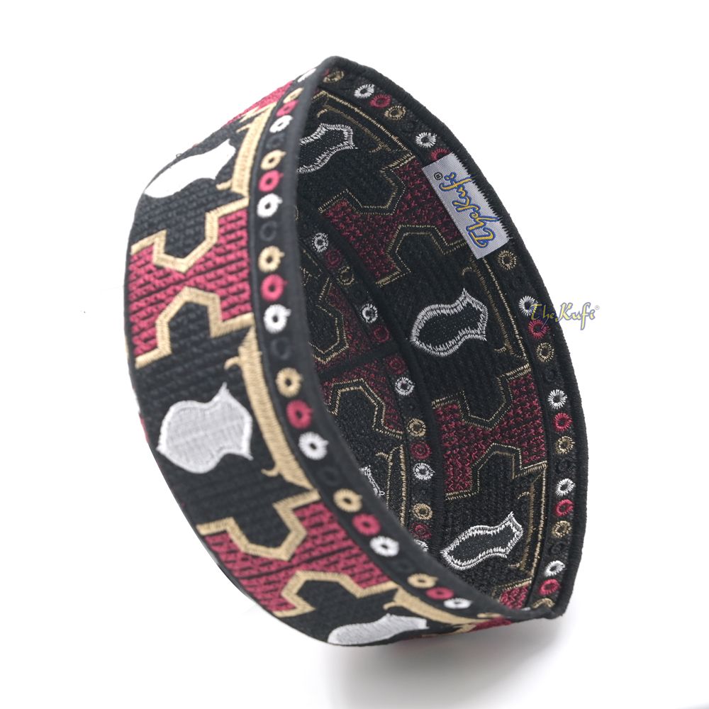 Red Sandal Motif Embroidery Pakistani Topi Kufi Hat