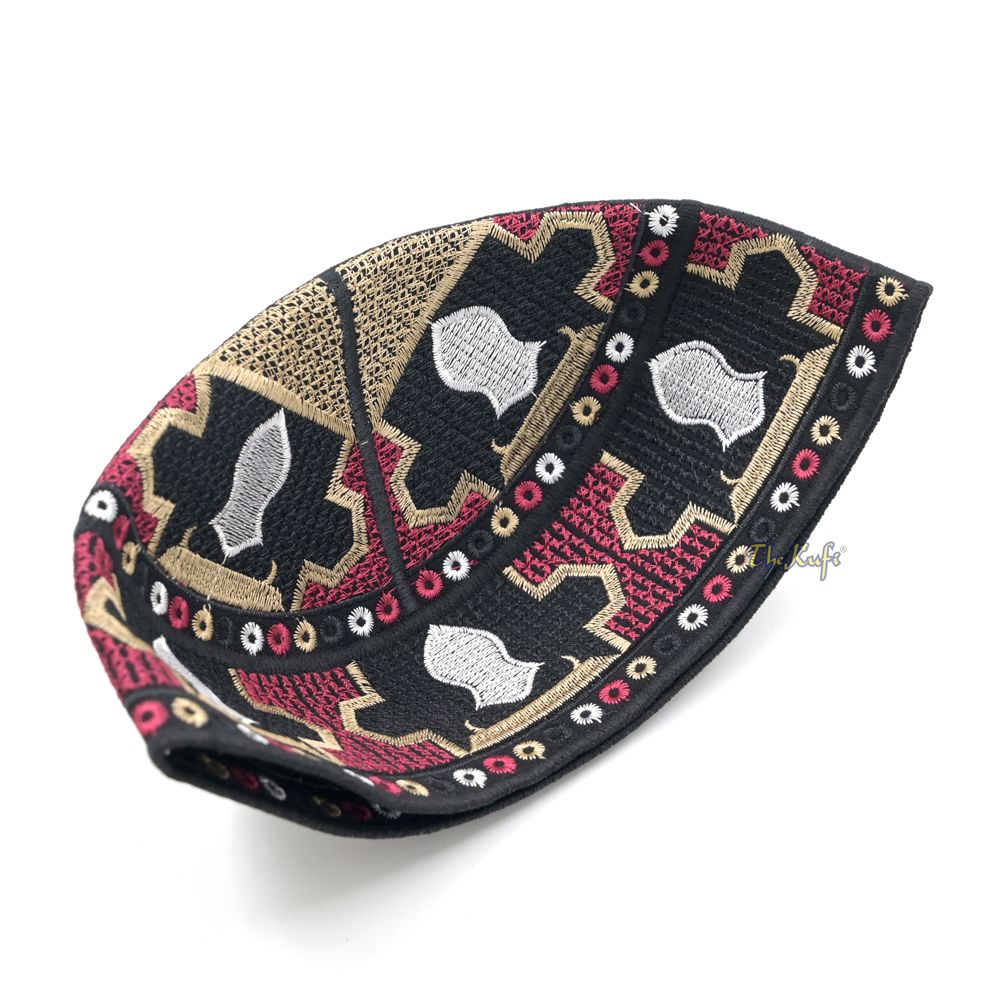 Red Sandal Motif Embroidery Pakistani Topi Kufi Hat