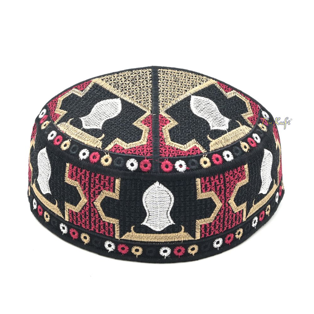 Red Sandal Motif Embroidery Pakistani Topi Kufi Hat