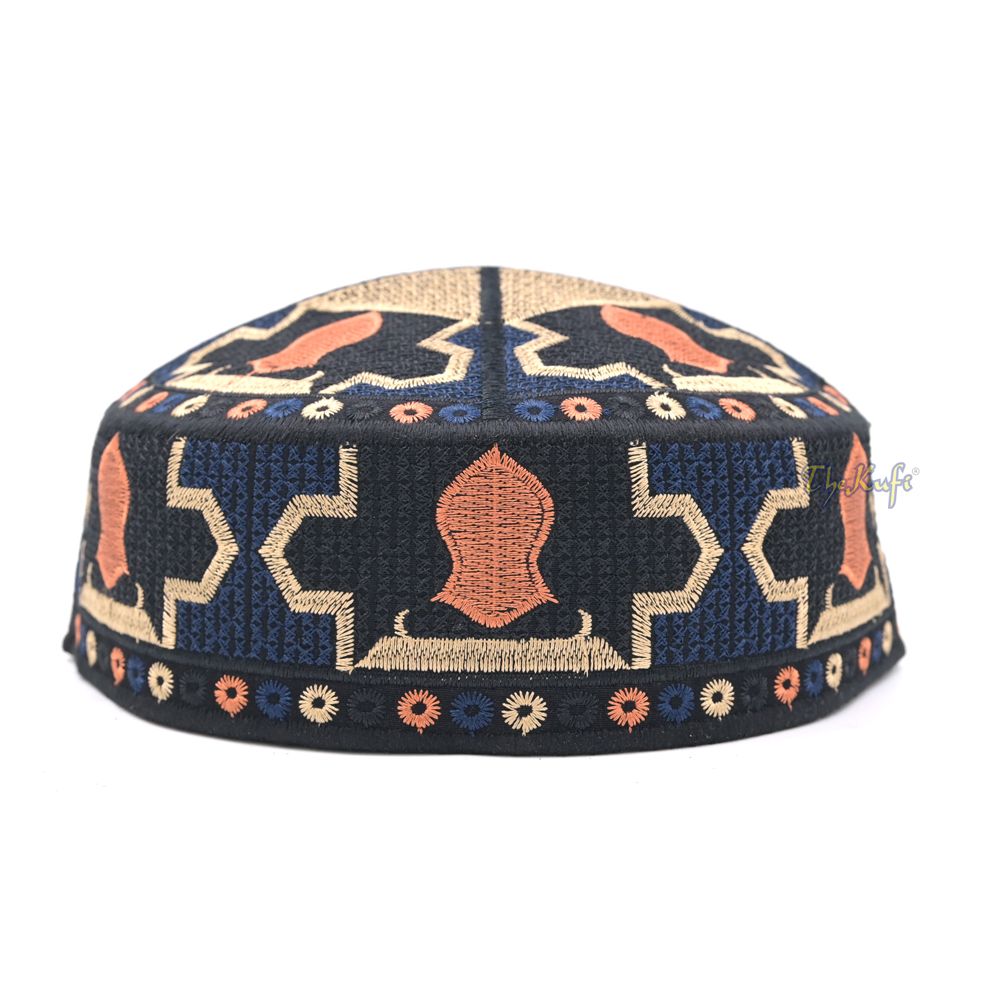 Dark Blue Sandal Motif Embroidery Pakistani Topi Kufi Hat